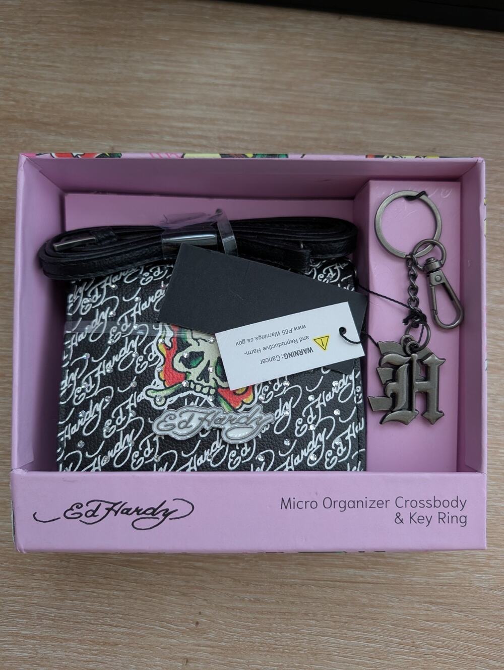 Ed Hardy Micro Organizer Crossbody & Key Ring Skull Flame Pink Black Gift Set